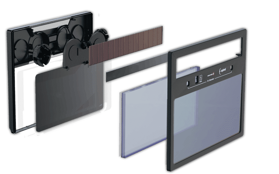 The ADF, or automatic darkening filter, consists of liquid crystal displays (LCDs), electronic components, solar cells/batteries, sensors and a UV/IR filter. This is the part of the helmet that automatically darkens when a welding arc is struck