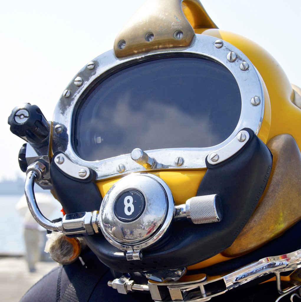 The close up of deep sea diving helmet