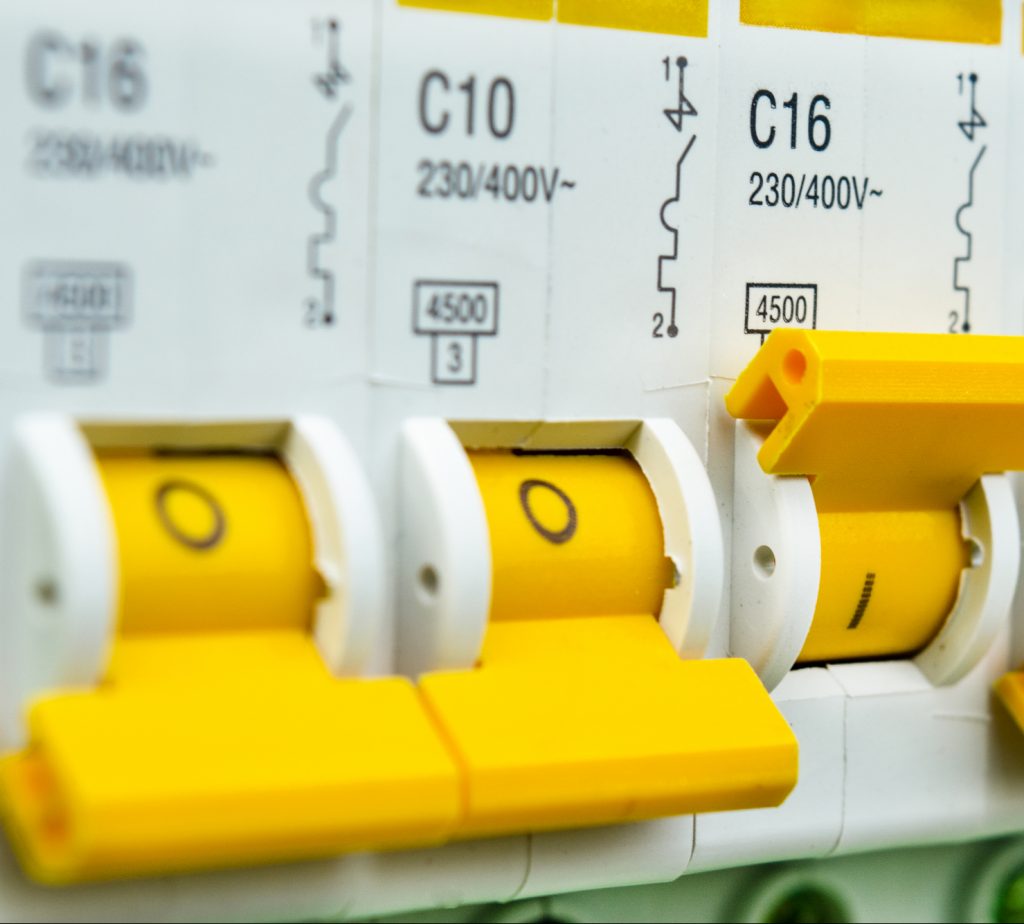 circuit breakers close-up with the button turned on