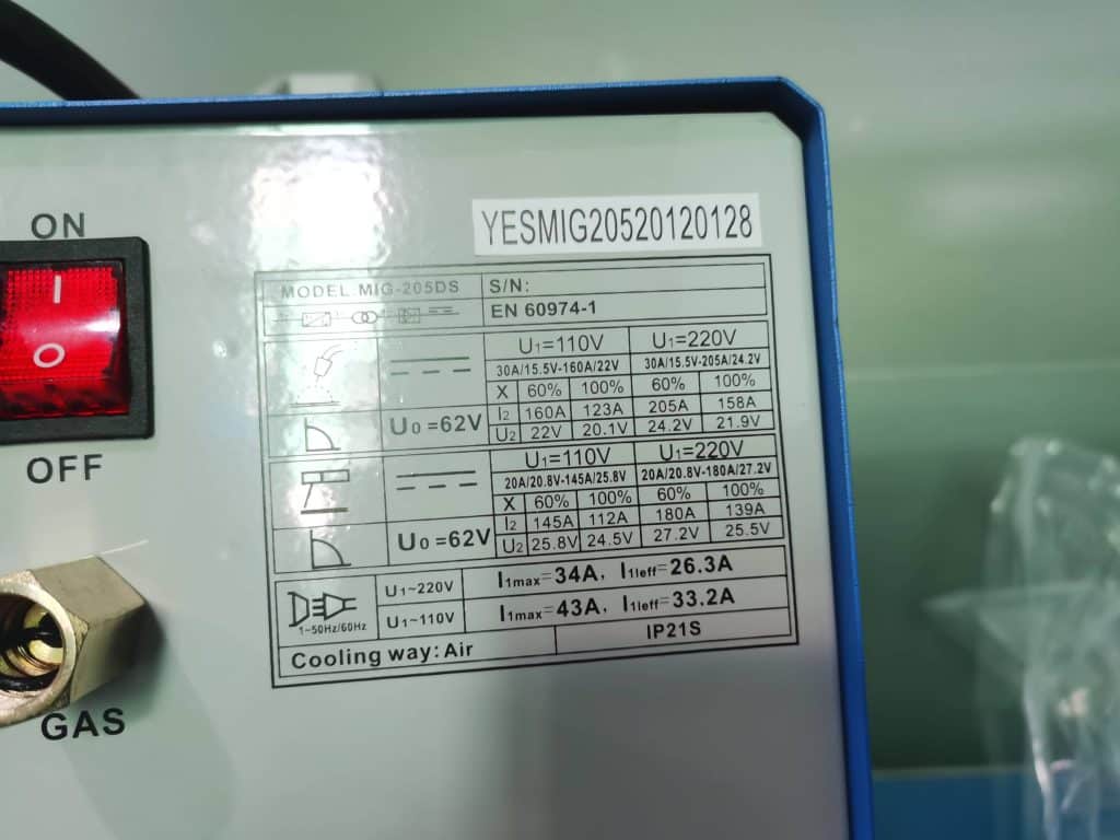 Backside chart YesWelder MIG 205DS