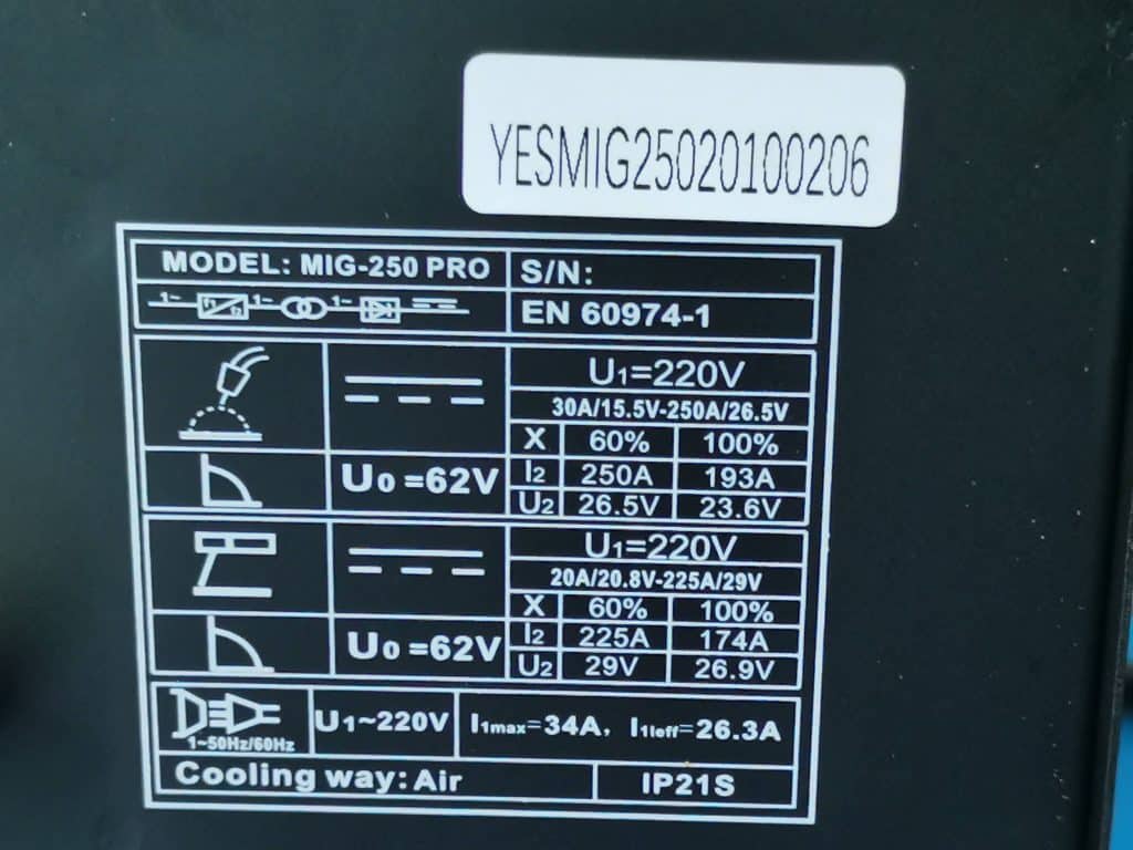 YesWelder MIG 250 chart