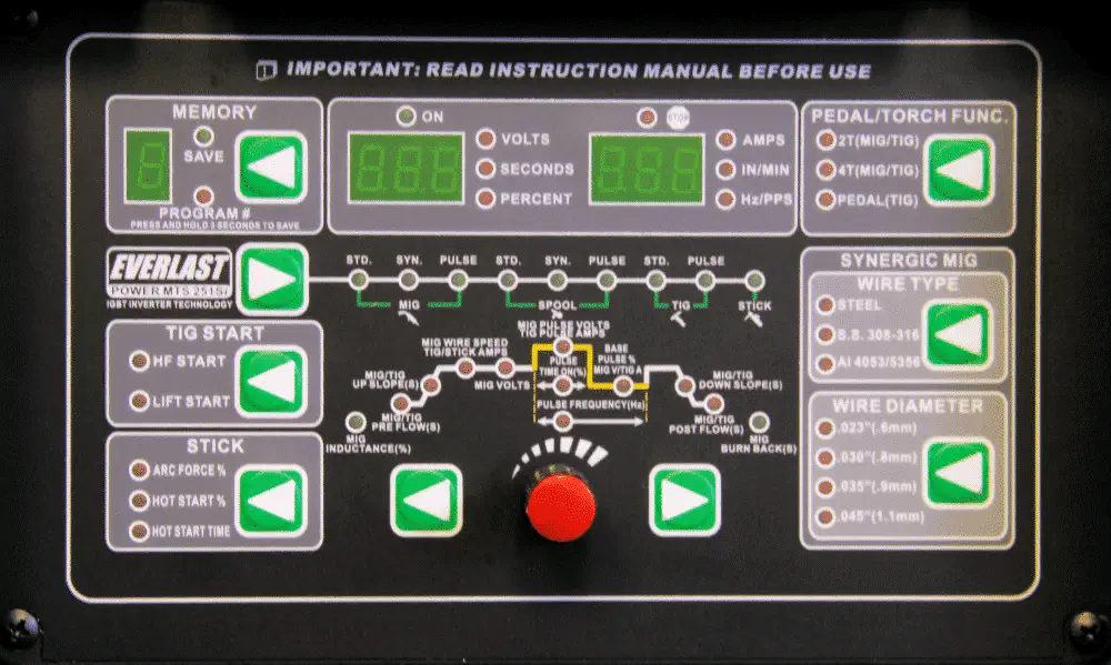 Everlast power MTS 251Si Multiprocess Welder control table