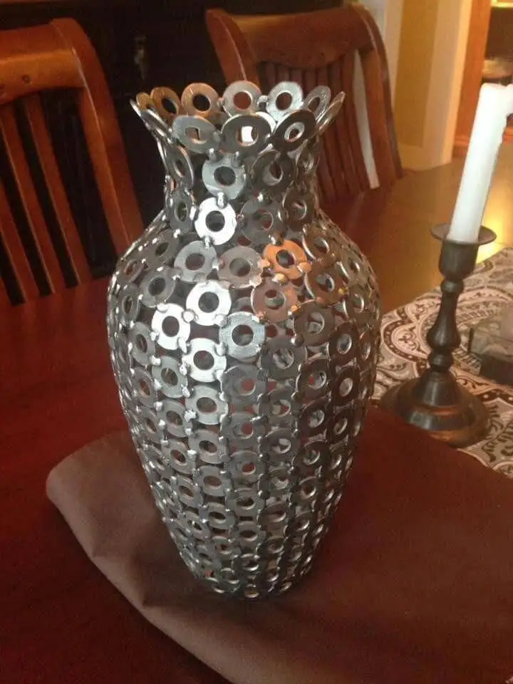 DIY Vase made of stainless steel rings welded together