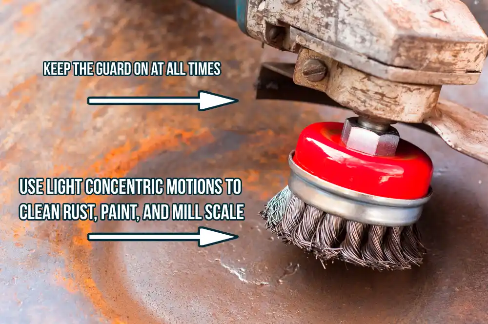 Image showing wire wheel use with an angle gridner to remove rust and dirt.