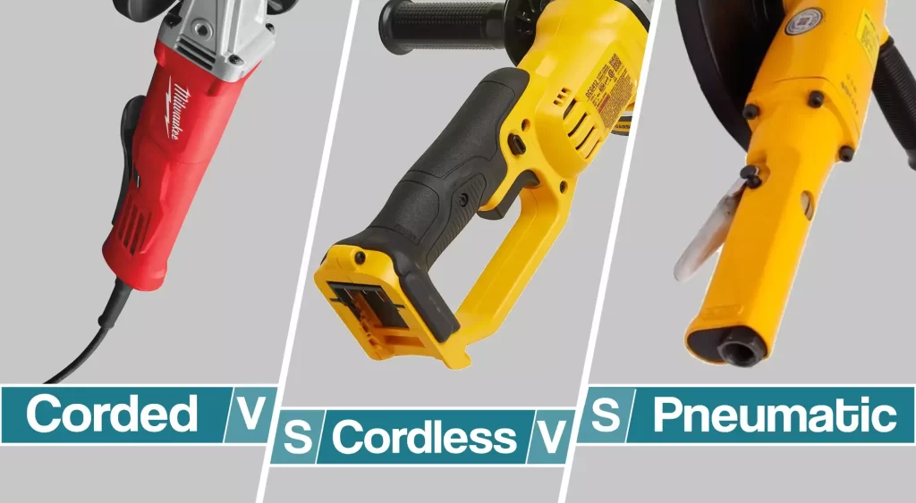 Image that compares corded vs cordless vs pneumatic angle gridners
