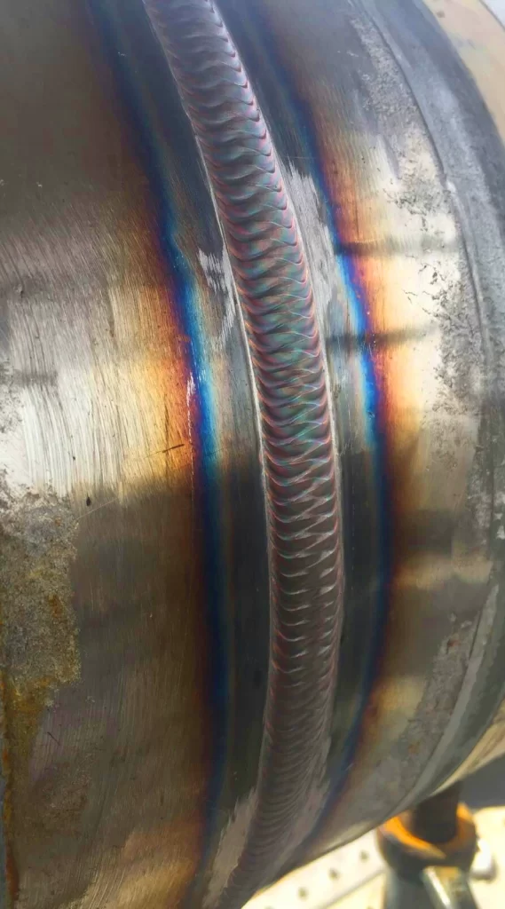 TIG-welded pipe with root pass in 5G welding position with a great finish with no mistakes.  