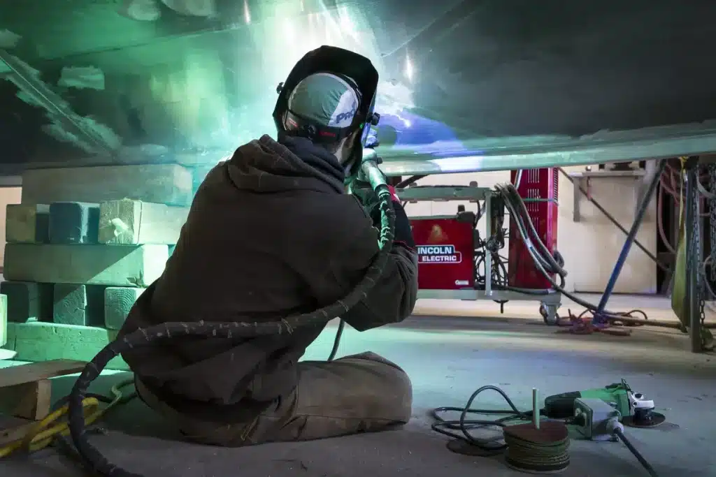 TIG welder welding a boat in marine industy 