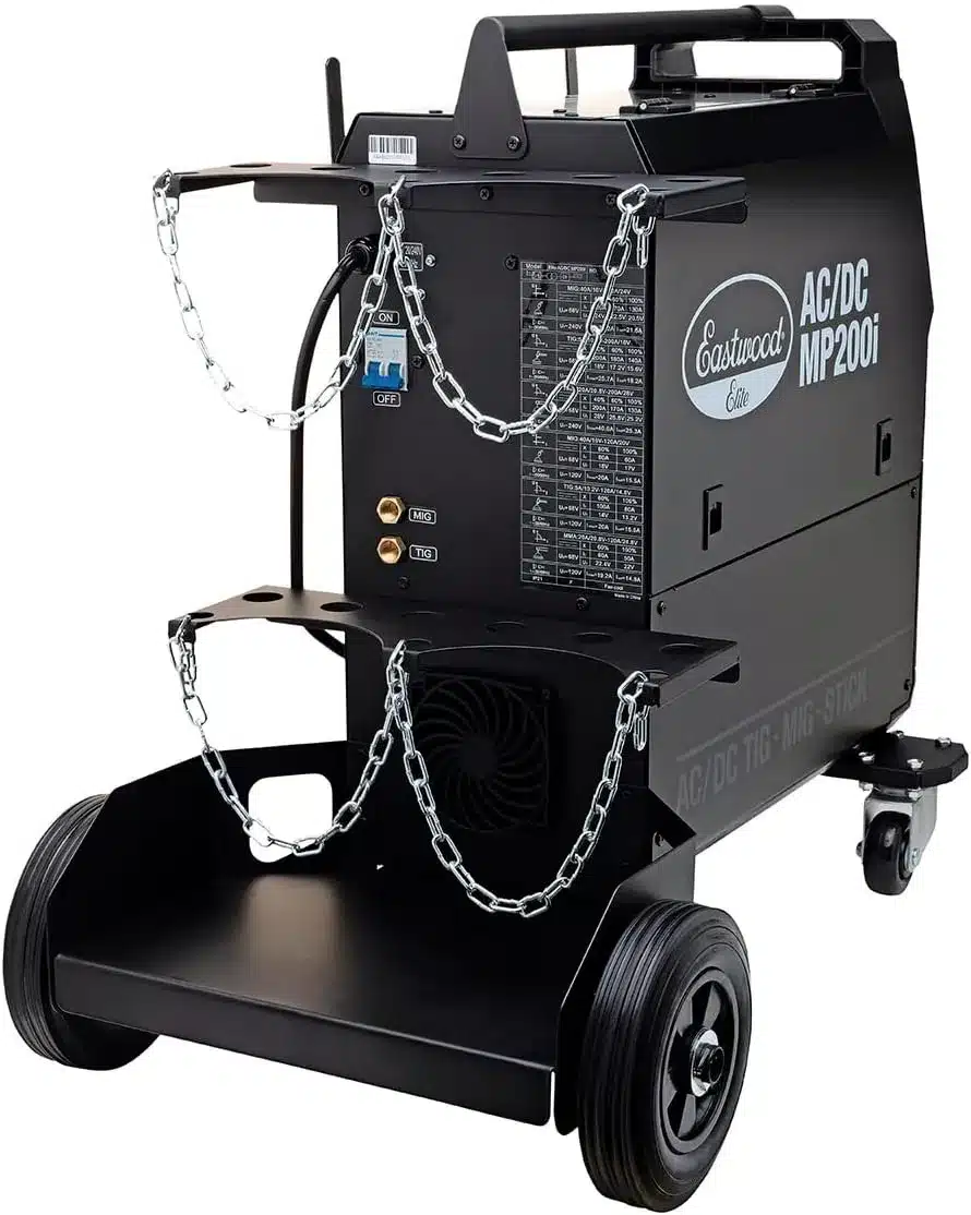 Eastwood Elite MP200i AC/DC Welder Review 2 Rear of the Eastwood Elite MP200i AC/DC showing the rolling cart bottle brackets, chains, and separate MIG and TIG gas fittings