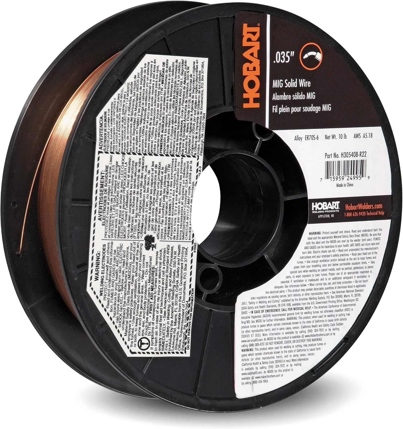 Hobart ER70S-6 Solid MIG Welding Wire 0.035 in, 10 lb Spool