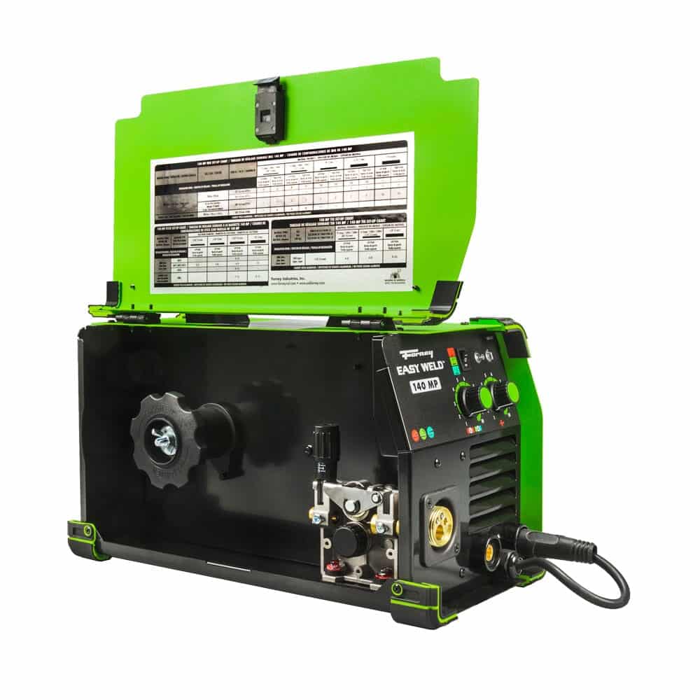 Forney Easy Weld 140 MP with side panel open showing the wire feeder