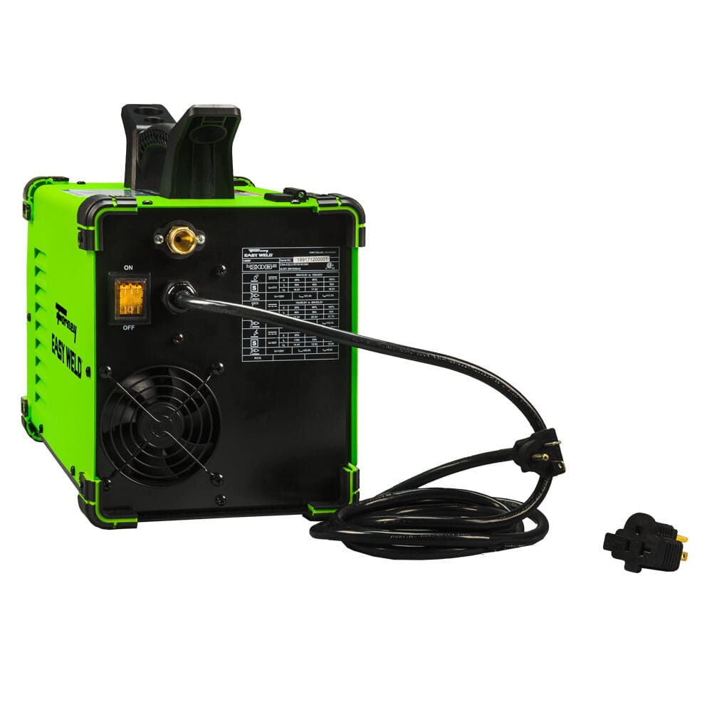Forney Easy Weld 140 MP rear panel with power switch and cooling fan