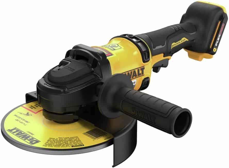 DEWALT DCG440B 7 inch brushless cordless grinder front view with FLEXVOLT battery fitted