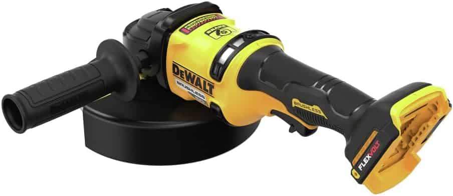 DEWALT DCG440B grinder tool-only rear view showing the battery interface without a pack installed