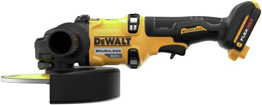 Side profile of the DEWALT DCG440B 60V MAX cordless grinder with battery mounted