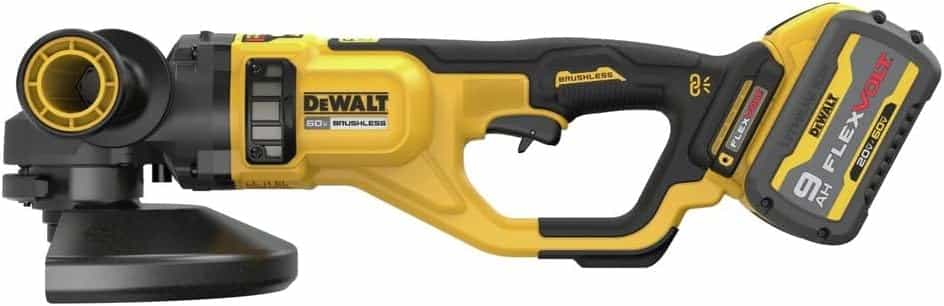 DEWALT DCG460X2 cordless grinder side profile with trigger and battery